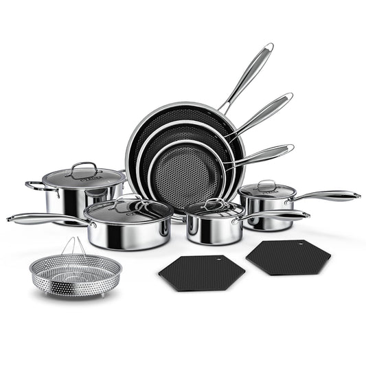 Nonstick Pots and Pans Set, 14 Piece Hybrid Hex Non Stick Stainless Steel Cookware with Frying Pans, Saute Pan, Saucepans & Stock Pot - Induction Compatible, Dishwasher &Oven Safe, PFOA Free