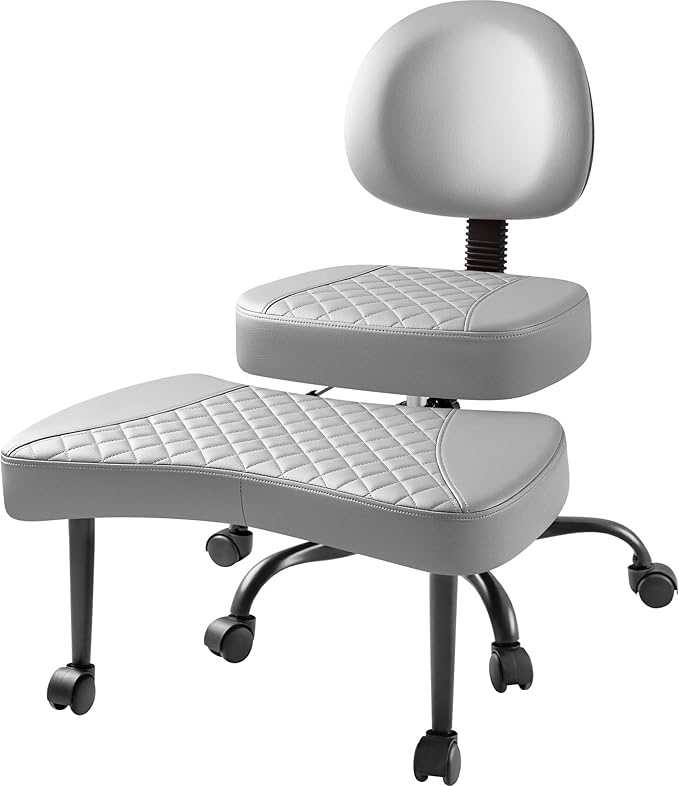 Furmax Ergonomic Criss Cross Legged Office Chair with Wheels, 360°Swivel Adjustable Height Kneeling Desk Chair with Footrest for ADHD, Yoga, Meditation, Home Office (Leather, Gray)
