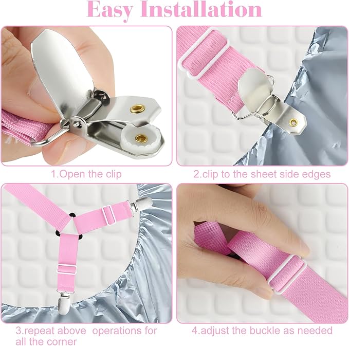 Morcheiong 2 Pack Bed Sheet Fasteners Straps Adjustable Bed Sheet Holder Bands with Sheet Clips for Bedding Stays Bedsheet Tie Downs -Pink