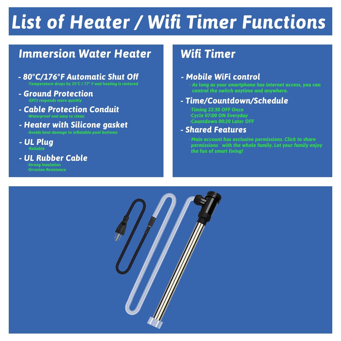 XCLBTFDC 1800W Portable Submersible Water Heater Electric Hot Tub and Pool Immersion Water Heater with 176°F Temp Control, WiFi Timer for Baptistry, Spa, above ground pool, Inflatable Pool & Bathtub