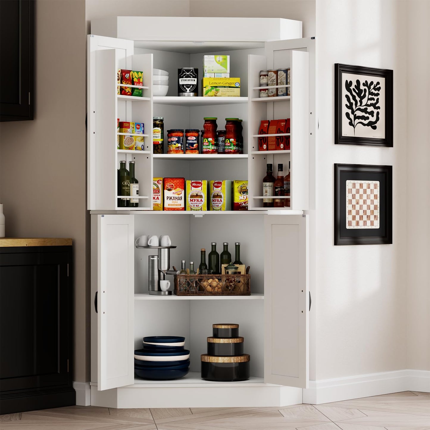 Gyfimoie Corner Cabinet,Kitchen Pantry Storage Cabinets,Freestanding Corner Pantry Cabinet with 4 Doors and Shelves,Tall Food Pantry Farmhouse Furniture with Side Rack for Kitchen Dining Room (White)
