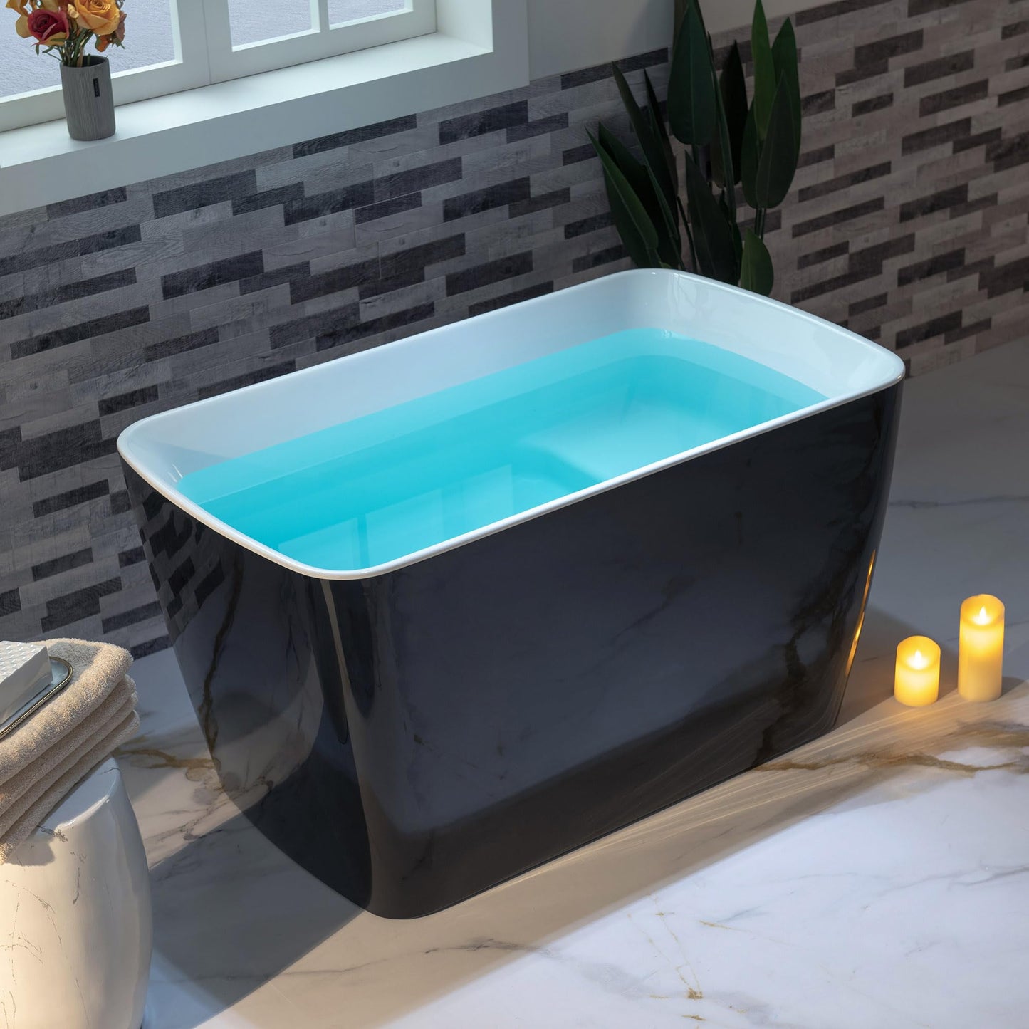 WOODBRIDGE 48" Acrylic Freestanding Square Shape Janpanese Soaking Tub with Pre-molded Seat and Matte Black Pop-UP Drain and Overflow Option, Black, B1870-MB