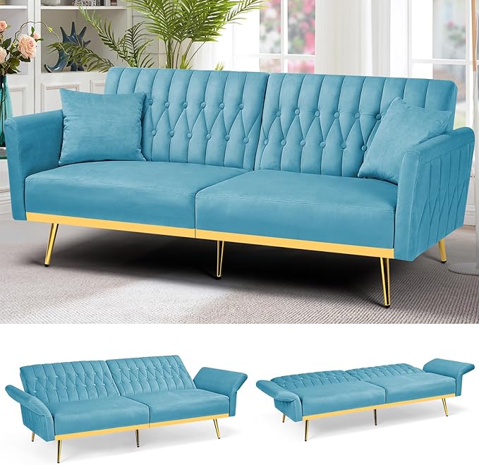 ACMEASE 70” Velvet Futon Sofa Bed with 2 Pillows and Adjustable Armrests, Convertible Sleeper Bed W/Adjustable Backrests, Modern Loveseat for Living Room, Bedroom, Baby Blue