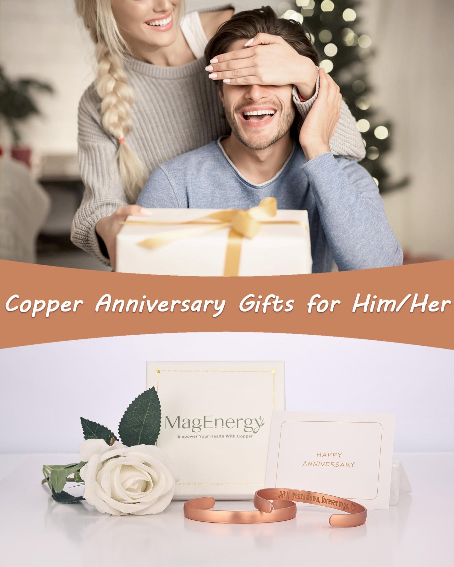 MagEnergy 7 Year Anniversary Copper Gifts for Him Her Couples, Copper Bracelet for Men Women (2Pcs), 7th Wedding Anniversary Copper Jewelry Gift for Wife Husband, Engraved Adjustable Cuff for Loved One