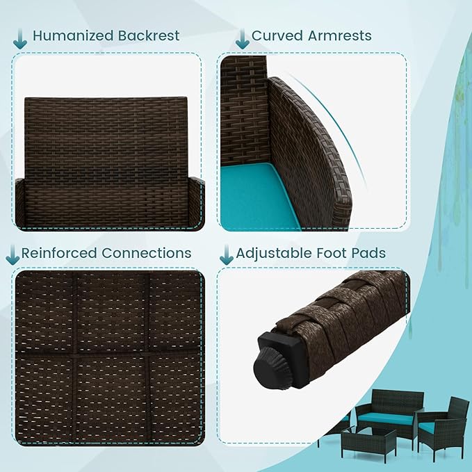 HAPPYGRILL 8 Pieces Outdoor Rattan Conversation Set, Patio Wicker Furniture Set with Loveseat Chairs & Tempered Glass Coffee Table, Outside Sectional Sofa Set for Backyard, Garden, Poolside