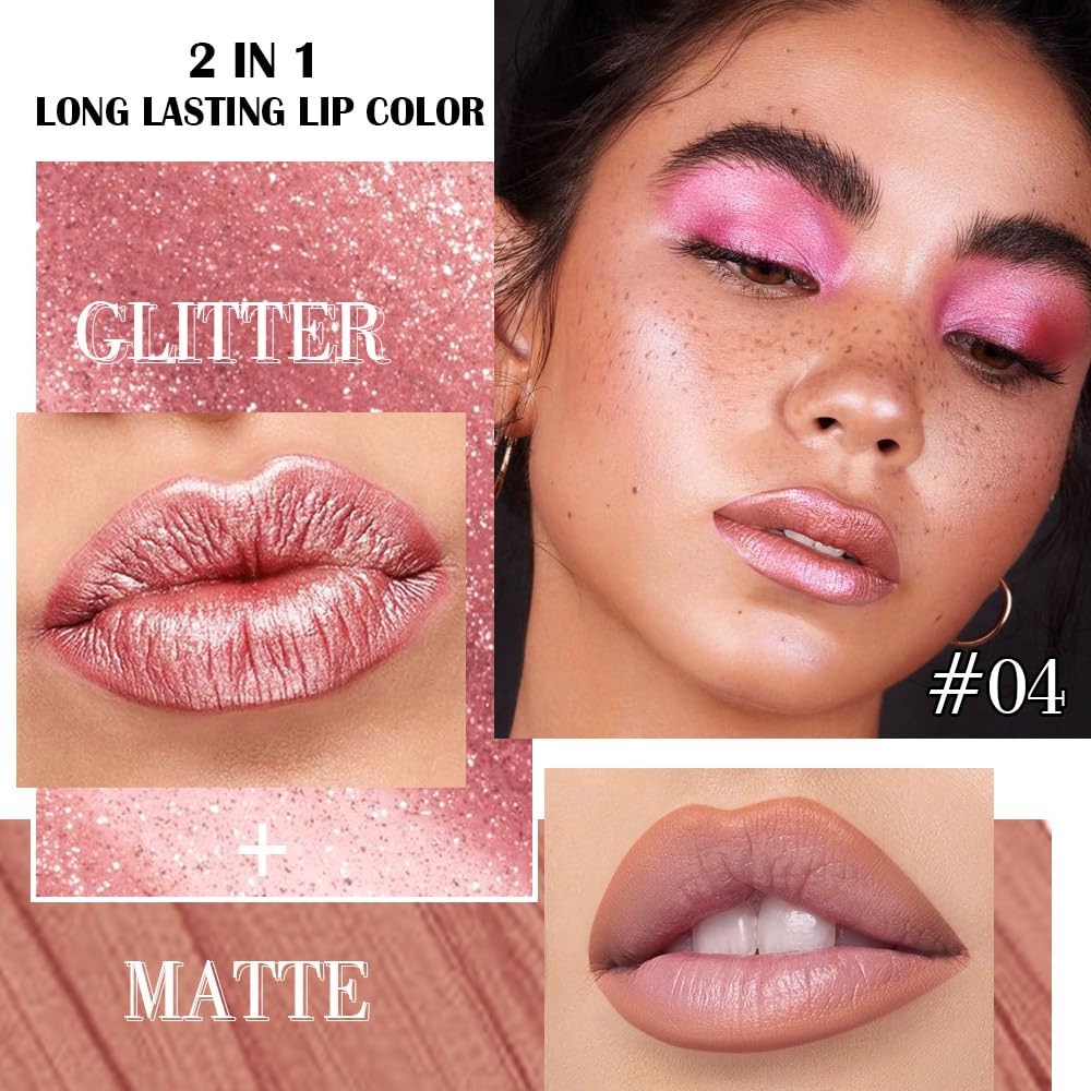 Kaely 2in1 Rose Gold Metallic Lipstick and Lip Liner, Shimmer Glitter Lip Gloss Long Lasting Waterproof 24 Hours, Pearlescent Sp