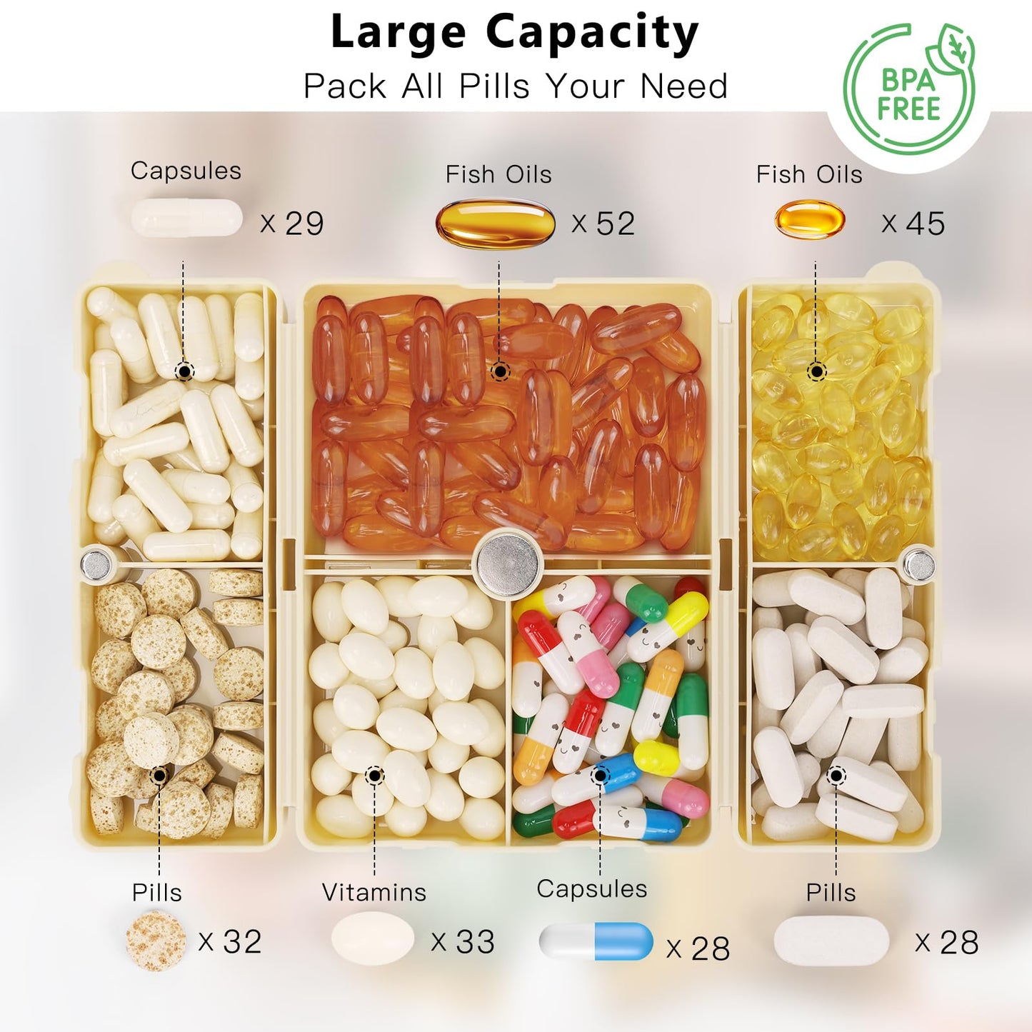 FYY Daily Pill Organizer,2 Pcs 7 Compartments Portable Pill Case Travel Pill Organizer,[Folding Design] Pill Box for Purse Pocket to Hold Vitamins,Cod Liver Oil,Supplements and Medication-White