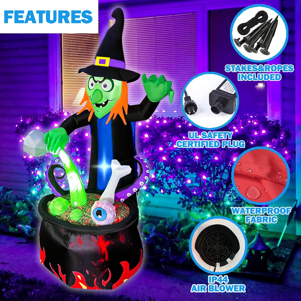BLOWOUT FUN 6 Ft Halloween Inflatable Outdoor Decoration Witch with Cauldron Pot Blow Up Inflatables Halloween Decorations with Build-in LEDs for Home Yard Lawn Garden Party Decor
