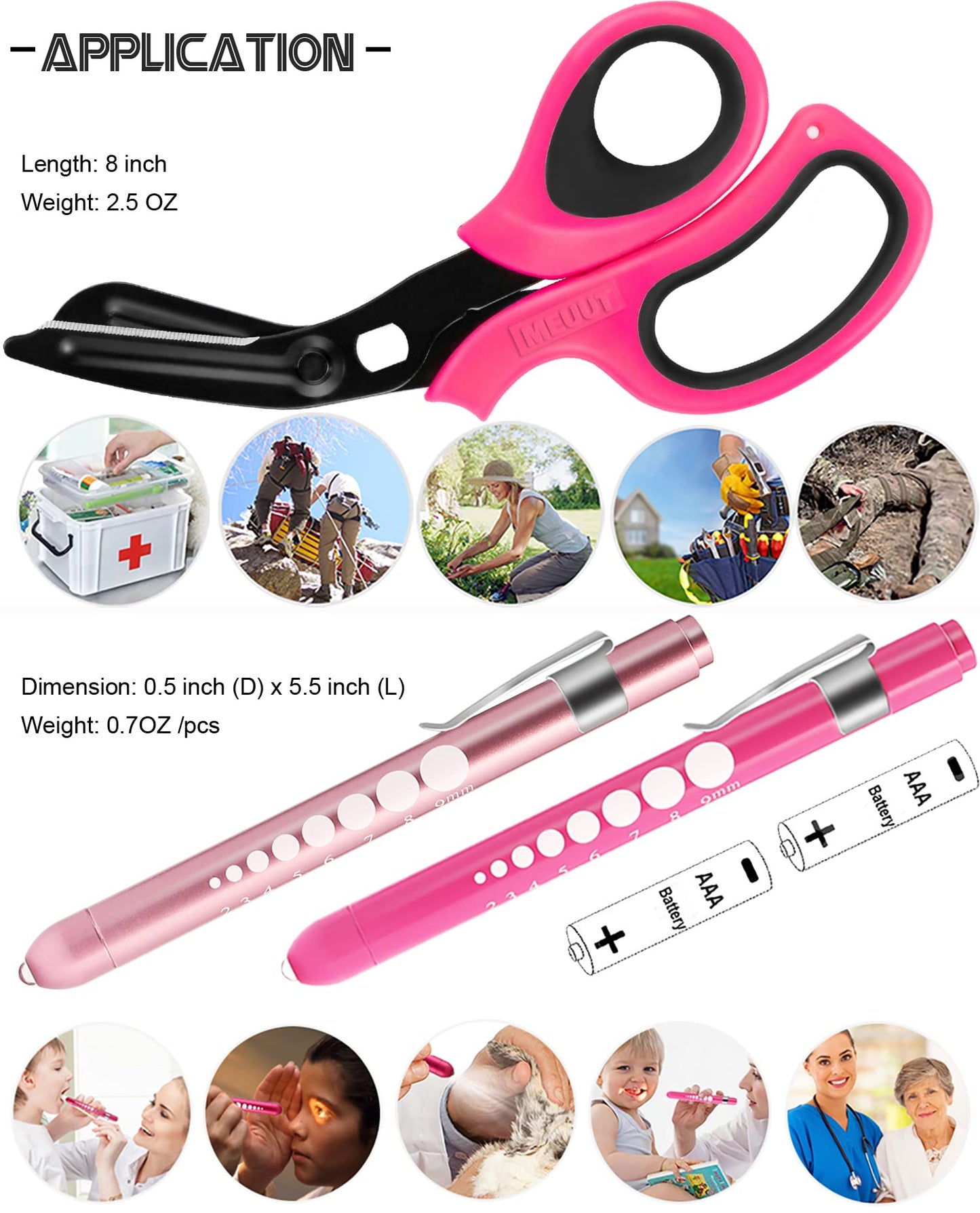 MEUUT 3 Pack Pen light & Medical Scissors-One Pantented Trauma Scissor Two LED Penlight with Pupil Gauge -8" Bandage Scissor for Nurse Doctor EMT