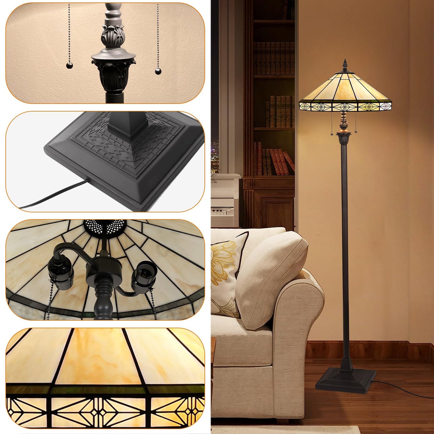 Capulina Tiffany Lamp Stained Glass Floor Lamp 2-Light 16x16x63 Inches Vintage Cream Tiffany Style Standing Reading Lamp for Living Room Bedroom Office Home