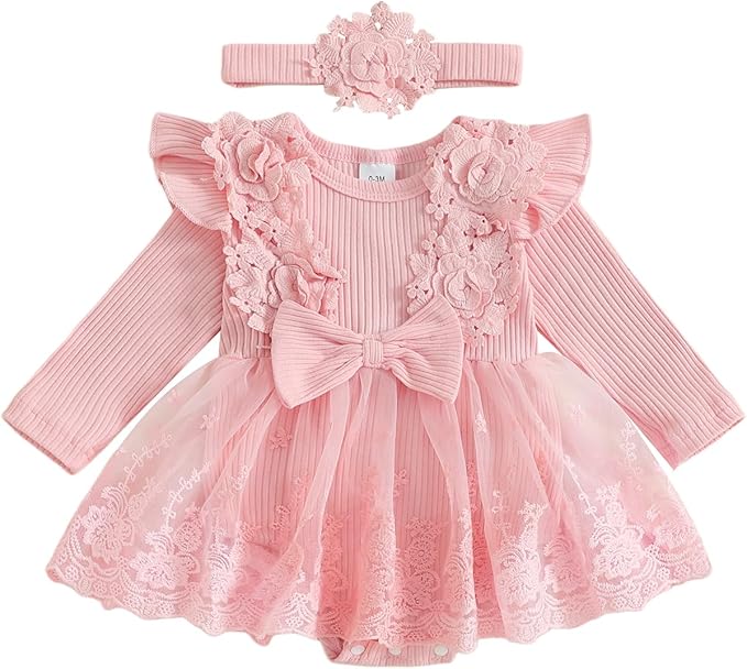 Baby Girl Romper Dress Lace Flowers Baby Dress Romper Infant Fall Winter Festival Clothes with Bow Headband