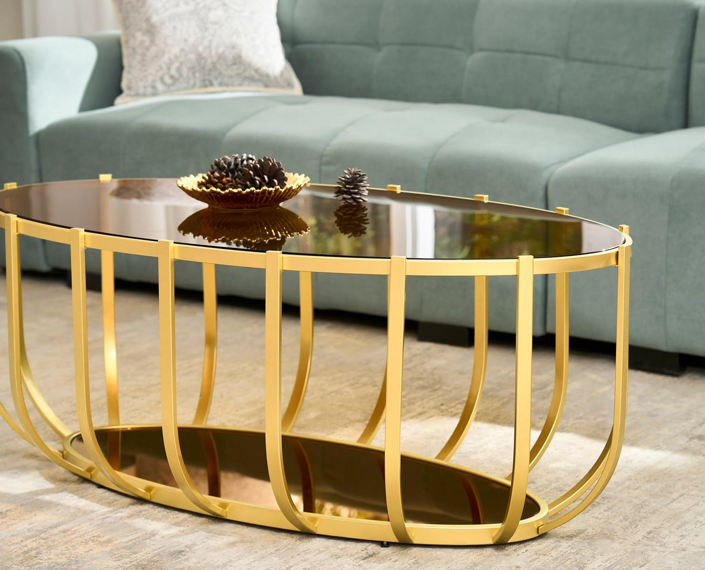 AGV LIGHTING Oval Glass Coffee Table with Gold Metal Frame, Modern Glam Glass Coffee Table, Amber Tempered Glass Top with Lower Mirrow Glass Shelf, Modern Gold Coffee Table for Living Room
