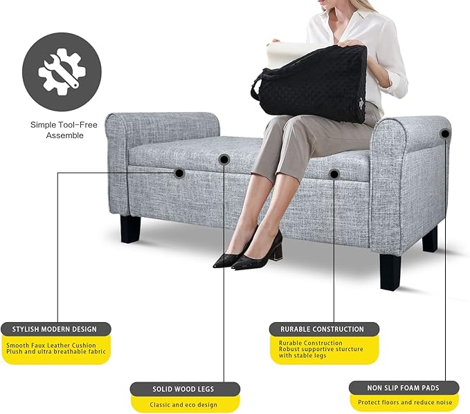 Babion Storage Bench for Bedroom, Button Linen Fabric, 51 Inch, End of Bed Storage, Upholstered Rolled Arm Window Seat with Solid Wood Legs, Dark Grey