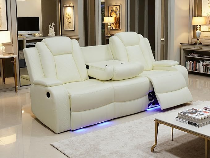Toseslo Power Leather Recliner Sofa Set with LED Light, Leather Sectional Sofa Set, Living Room Furniture Sets, Modern Power Reclining Sets for Living Room(Creamy White)