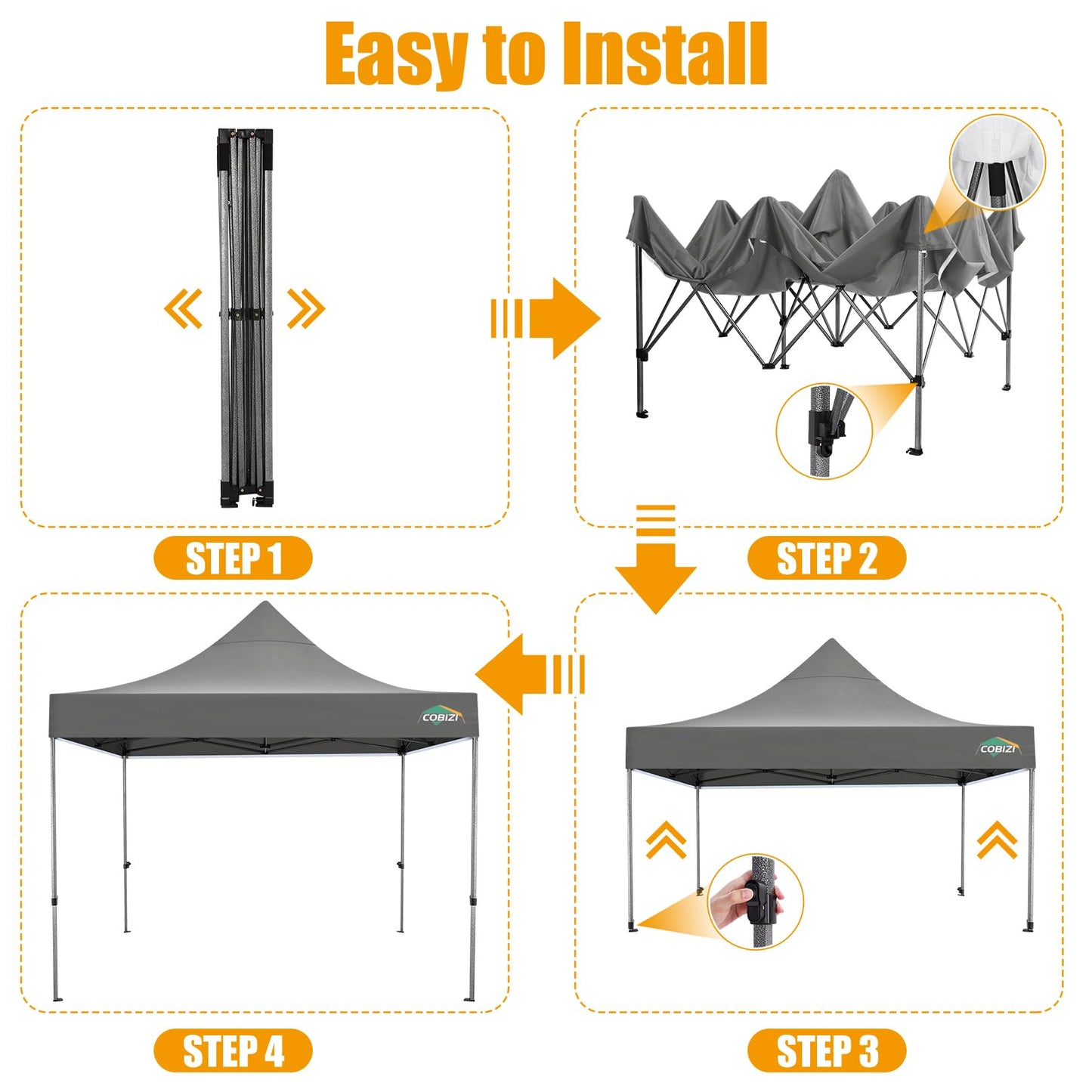 COBIZI 10x10 Pop Up Canopy Without Sidewall,Heavy Duty Canopy UPF 50+ All Season Wind Waterproof Commercial Outdoor Wedding Party Tents for Parties Canopy Gazebo with Carry Bag(10 x 10 ft Gray)
