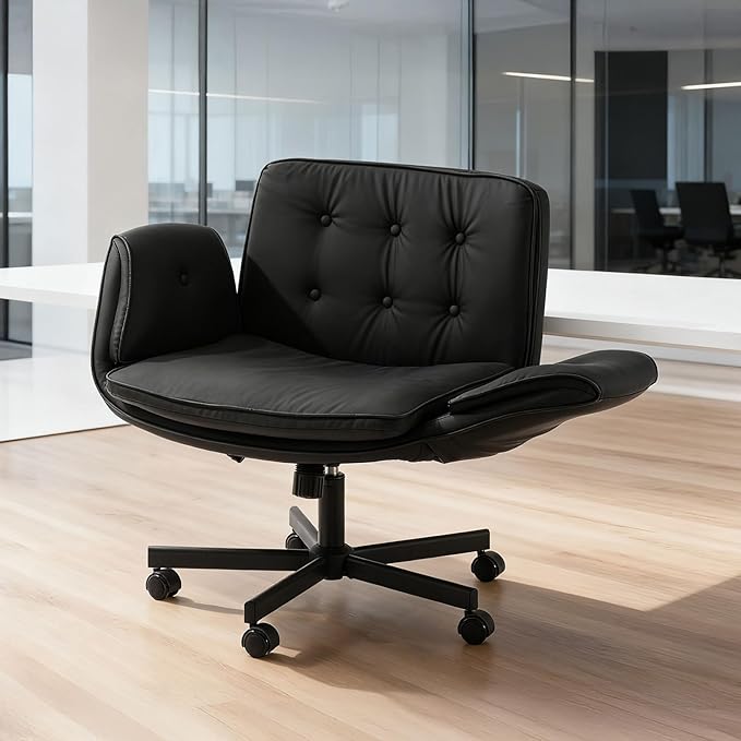 SunSettler Criss Cross Chair with Armrests & Wheels, Comfortable Adjustable Swivel Office Desk Chairs, PU Leather Vanity Chair for Make Up, Home, Bed Room, Gaming, Meditation (Black)