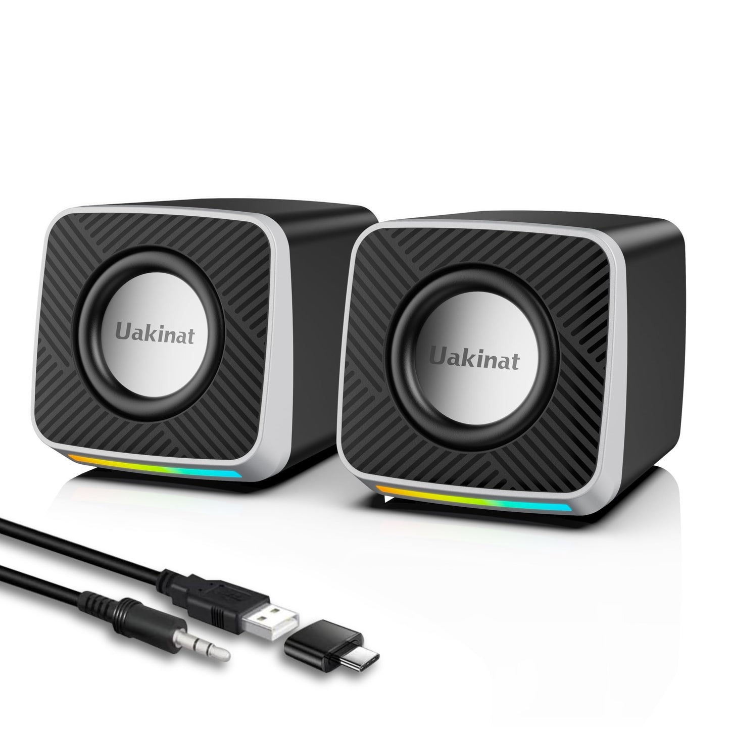 Uakinat PC Speakers 2"–3W Carbon Fiber Computer Speaker for Desktop or Laptop PC,USB C/USB-Powered,Crystal Clear Sound,Rich Bass,Loud Volume,Direct Control,Plug-N-Play,Black-Silver