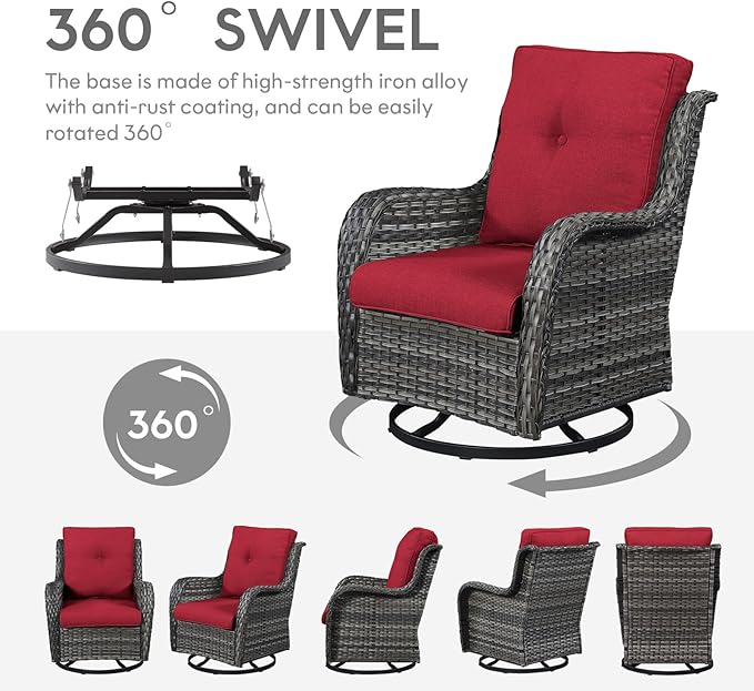 Belord Outdoor Swivel Rcoker Wicker Chairs - Swivel Patio Chairs Set of 2 Patio Furniture Sets with Covered Cushion for Porch Deck Balcony Backyard, Red