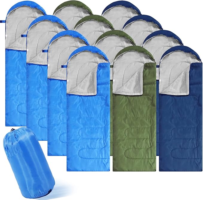 Junkin 12 Pcs Camping Sleeping Bag Bulk for Adults Homeless 4 Seasons Cold Warm Weather Sleeping Bags Waterproof Lightweig...