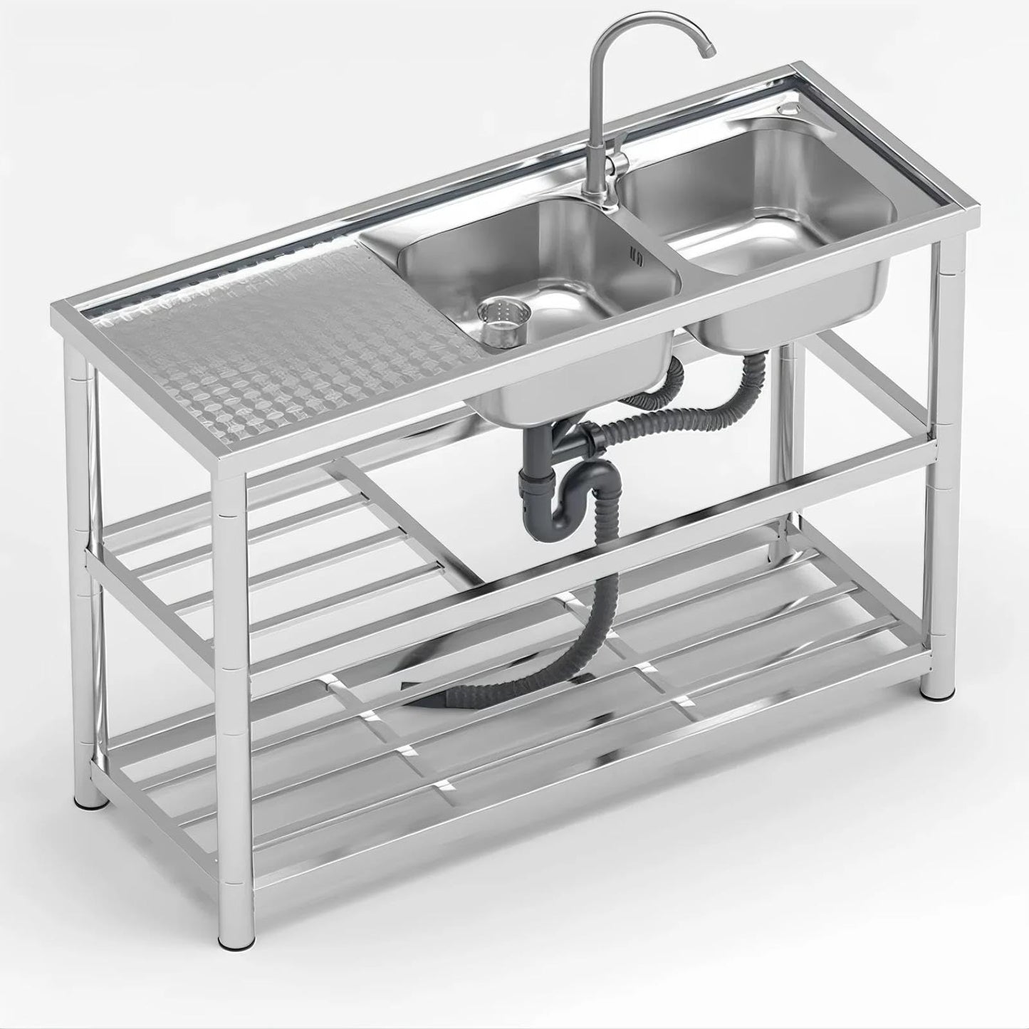 Vivrhintty 304 Stainless Steel Utility Sink, Free Standing Double Bowl Kitchen Sink, Suit for Commercial,Restaurant, Indoor & Outdoor (47 inch)
