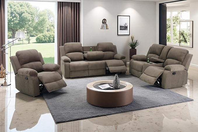 A Ainehome Manual Recliner Sofa Set with Storage, 3 Pieces Living Room Furniture Sets, Corduroy Sofa Sets Reclining Couch Loveseat and Chair Furniture Set for Living Room/Rv/House/Office, Taupe