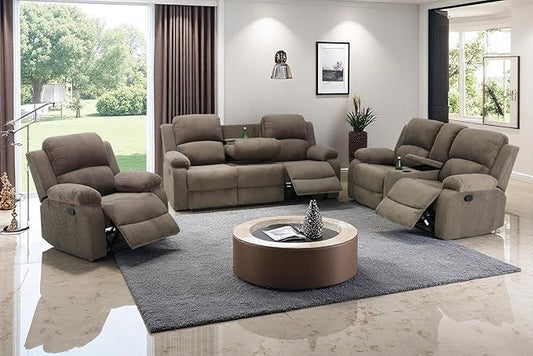 A Ainehome Manual Recliner Sofa Set with Storage, 3 Pieces Living Room Furniture Sets, Corduroy Sofa Sets Reclining Couch Loveseat and Chair Furniture Set for Living Room/Rv/House/Office, Taupe