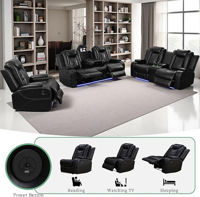 Dekmxas Modern Living Room Furniture Sets, Power Reclining Sofa Set, 3-Pieces Breathing Leather Black Power Recliner Sofa Couches Set with Storage Console/Cup Holder/LED Light for Office/Living Room