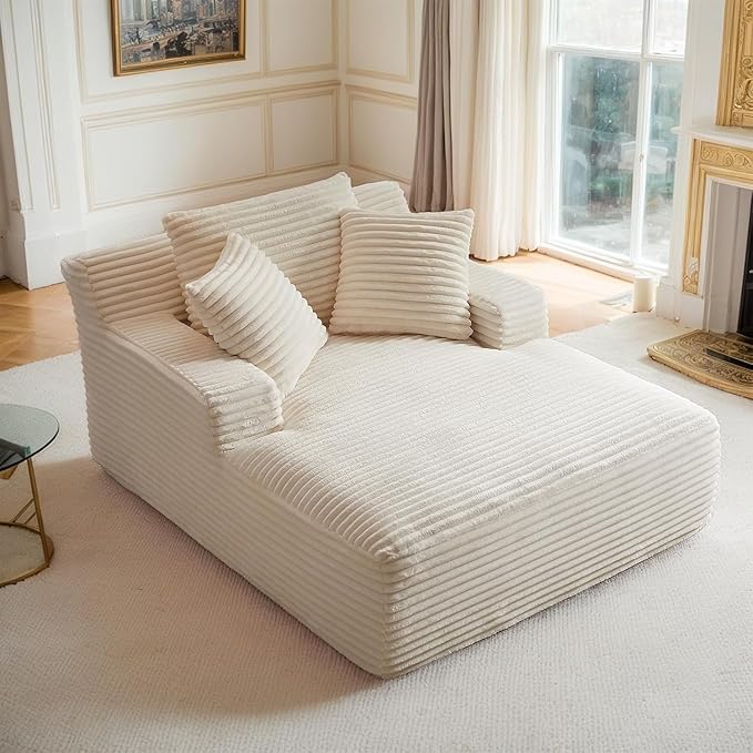 Alpen 66" Oversized Chaise Lounge, Boneless Couch Indoor, Corduroy Couch Boneless Sofa Chair for Reading with Wide Armrest and 3 Throw Pillows, No Assembly Required, Milky White