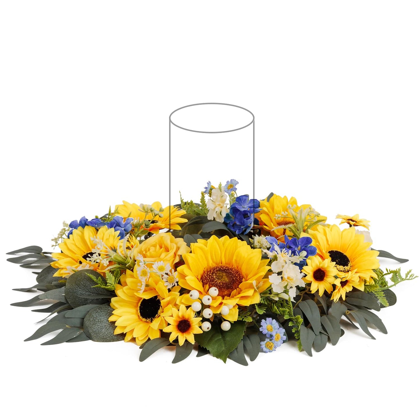 TINGE TIME Aritificial Flowers Candle Rings, 1 Pcs 15inch Diam Sunflower & Royal Blue Fake Rose Wreath Wedding Centerpieces for Tables Summer Garland for Front Door Weddings Party Ceremony Decor