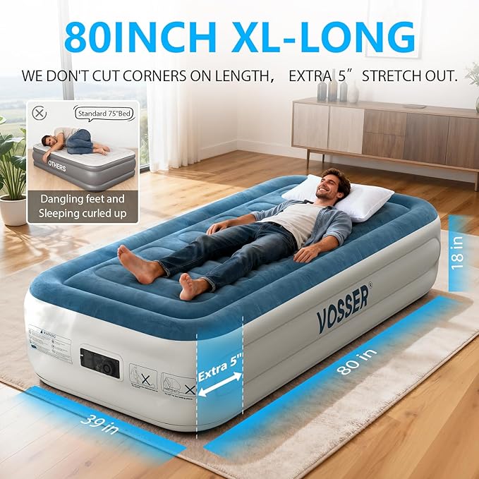 VOSSER Twin Air Mattress with Built-in Pump,Fast & Easy Inflation/Deflation Inflatable Mattress, Foldable Blow Up Mattress with Storage Bag, Inflatable Bed for Home, Camping & Guests