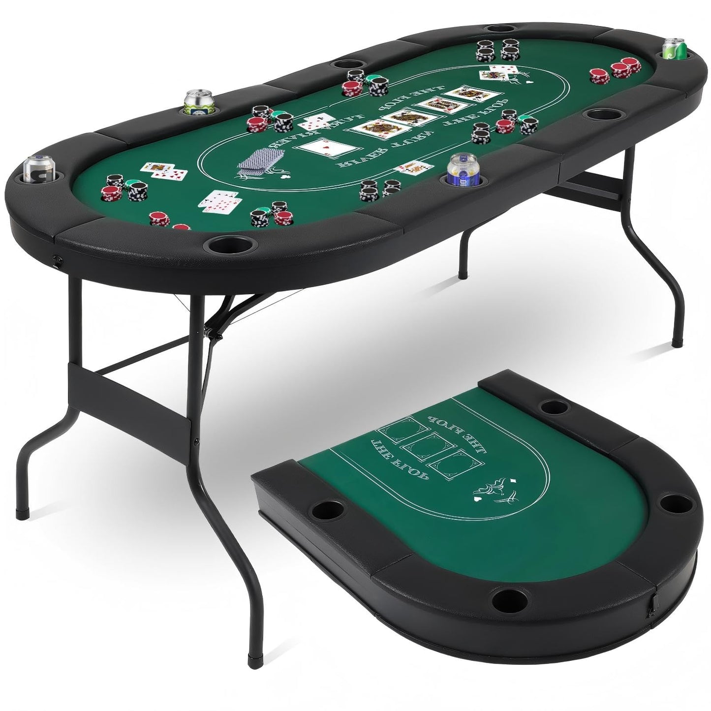 FAHKNS 72" Portable Poker Table, Folding Poker Table, 8 Player Texas Holdem Blackjack Table with 8 Cup Holders, Padded Surface for Casinos & Home