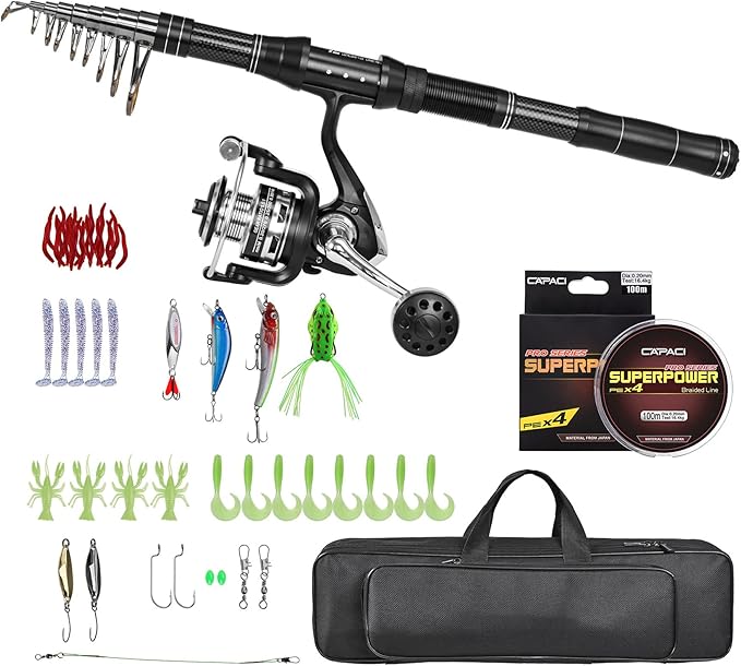 Telescopic Fishing Rod and Reel Combo, Spinning Reel with Carrier Bag, Travel Saltwater Freshwater Fishing