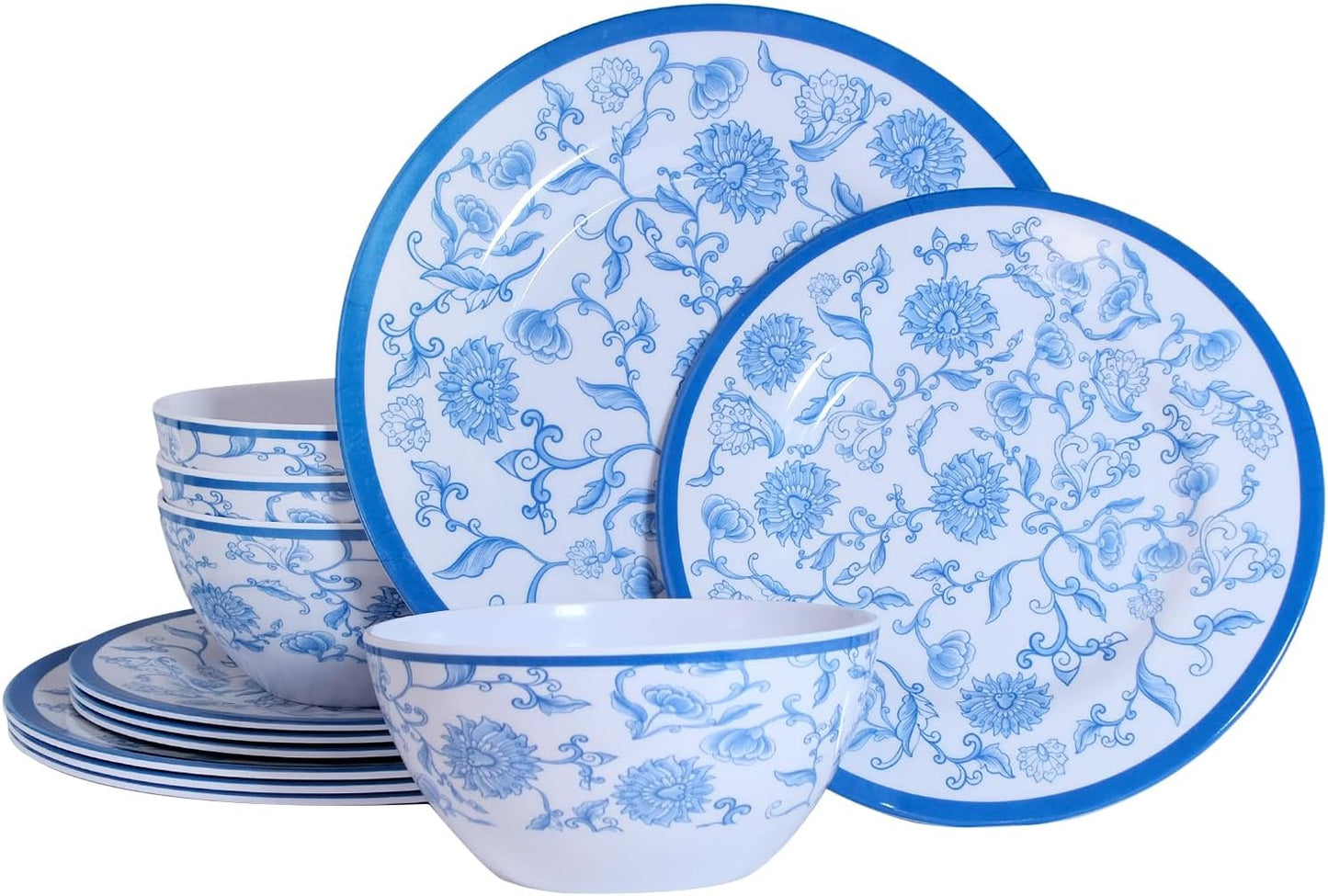 Melamine Dinnerware Set 12-Piece for 4 Dish Set Plates Bowls Unbreakable Dishware for Indoor Outdoor Use Lightweight Durable for Camping Picnics Parties Blue