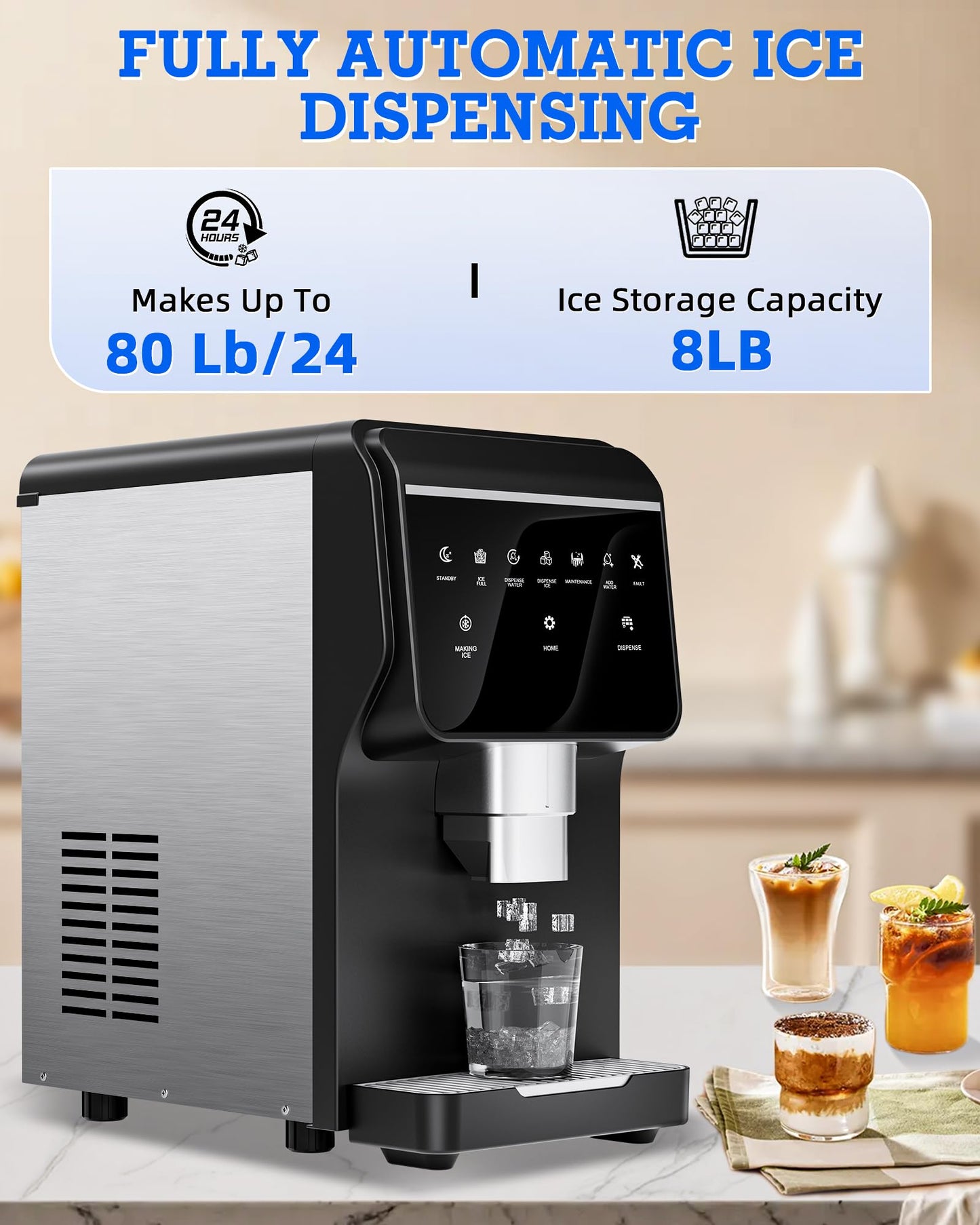 Nugget Ice Maker Machine 80LB/24H, Ice Makers 6 LB Ice Storage, Chewable Pellet, Ice Water, Self-Cleaning Function for Home/Office/Party/RV