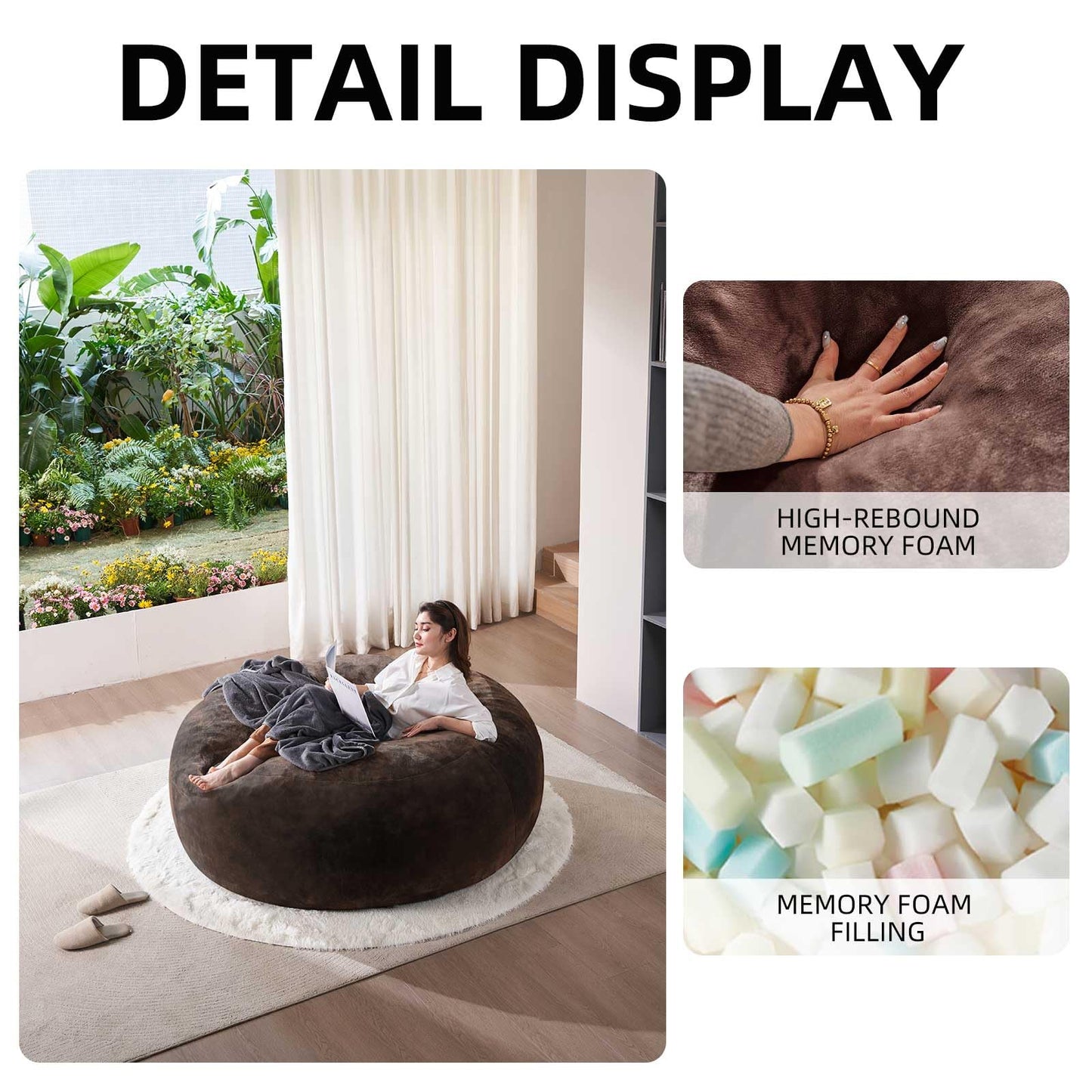 6FT oversized bean bag chairs for adults bean bag with filler included memory foam bean bag Soft and comfortable giant bean bags, living room furniture, suitable for bedroom dorm balcony chairs(Brown)