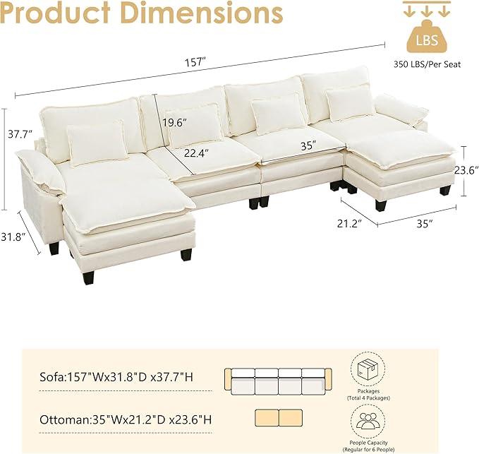 URRED Cloud Couch Modular Sectional Sofa, 157" Modern U Shaped Deep Seat Sofa with 2 Ottomans & Pillows, Ultra Comfy Chenille Couches for Living Room, Bedroom or Apartment, White | Chenille Fabric, Skin Friendly, Breathable, Ergonomic Design, Flexible ...