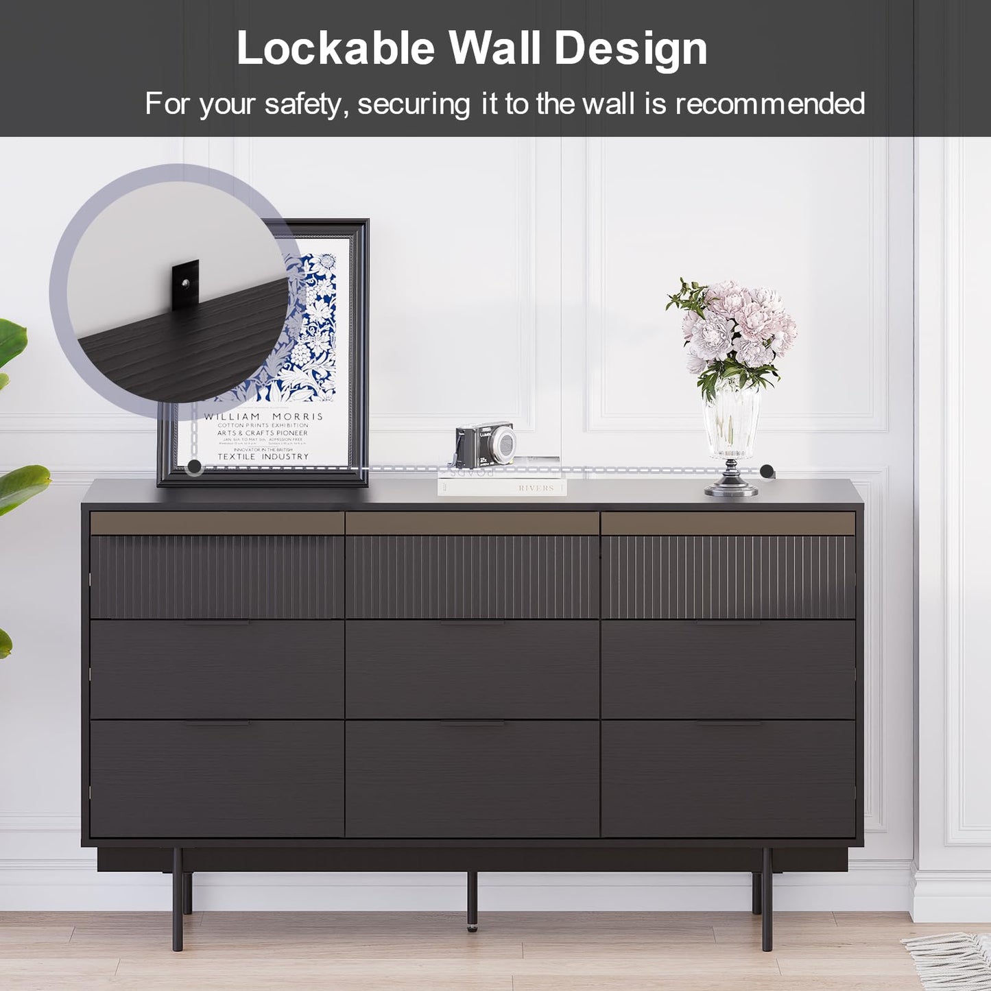 MEISSALIVVE 9 Drawer Dressers for Bedroom, Wide Chest of Drawers, Deep Drawer Dresser, Modern Storage Organizer Dresser, Black Long Dressers for Closet Living Room (59" W x 16" D x 34" H)