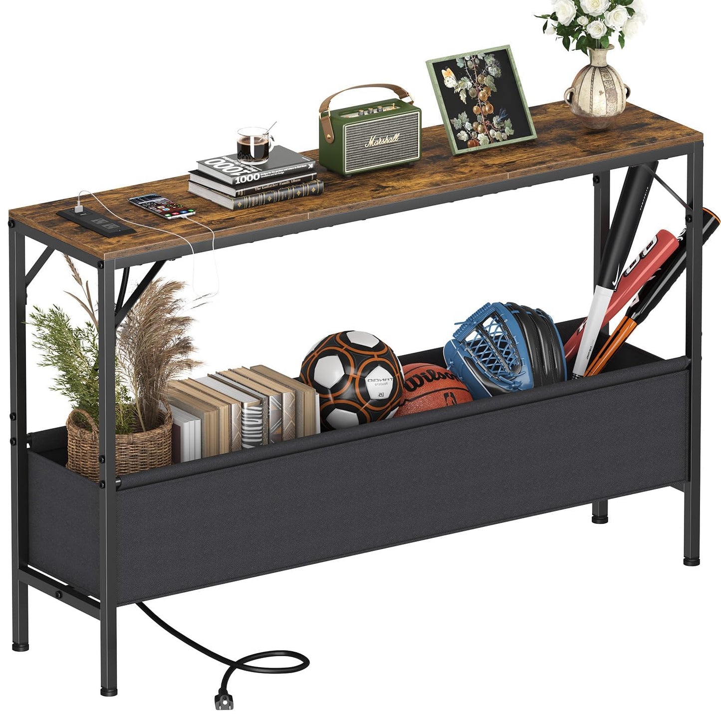 Asgolion Console Table with Charging Station and Storage Basket, 47.2'' Behind Couch Table with Power Outlets USB Ports, Narrow Entryway Table for Hallway, Foyer, Living Room, Rustic Brown