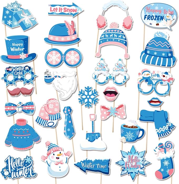 30 Pack Snowman Photo Booth Props, Winter Wonderland Snow Booth Props Winter Party Decorations