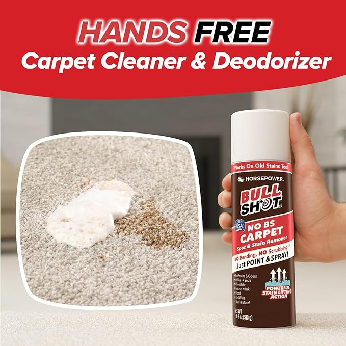 Horsepower Bull Shot No BS Carpet Spot & Stain Remover, AS SEEN ON TV, Made In USA, Just Point & Spray, No Bending or Scrubbing, Hands-Free, Stain-Lifting Foam-Action, Pets Stains & Odors, Soda & More