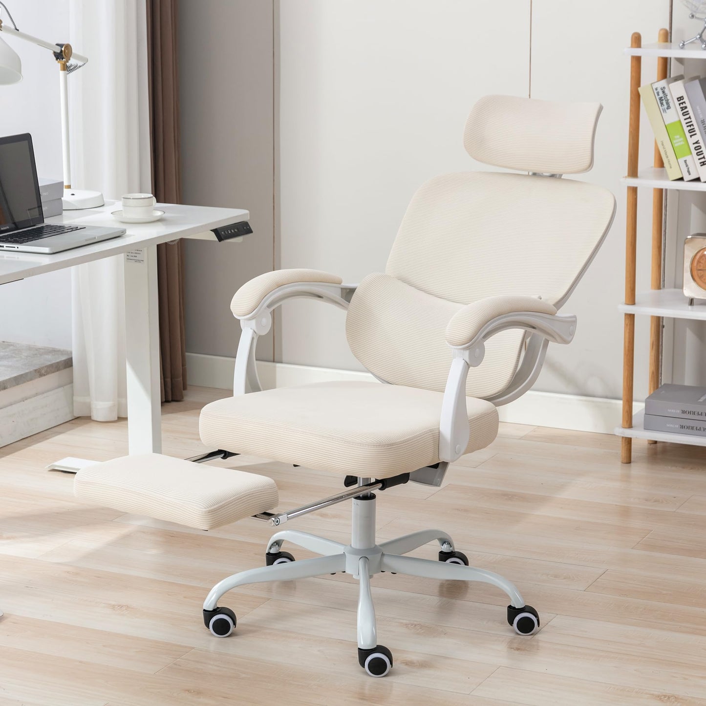 BOWTHY Ergonomic Office Chair with Footrest,90-135 Comfy Reclining Chairs,Home Office Desk Chair with Adjustable Lumbar Support & Headrest,Mesh High Back Computer Executive Chair (Beige)
