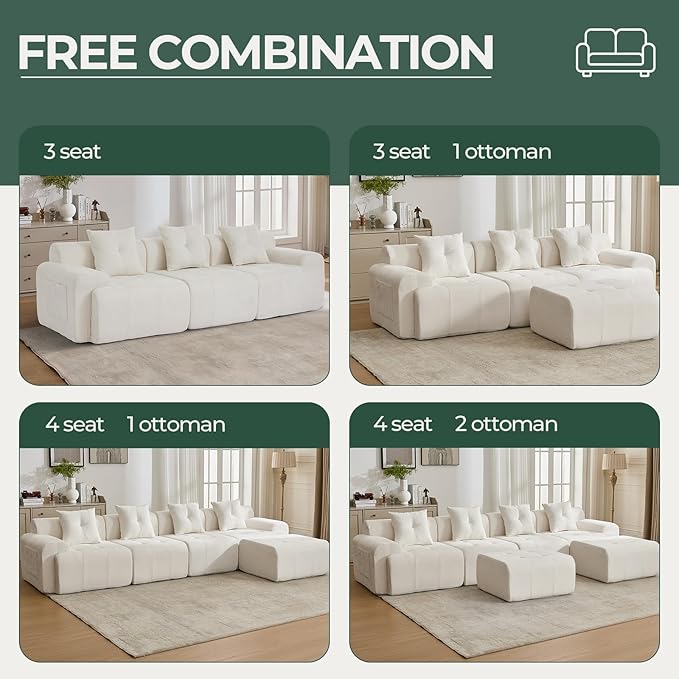 YAAREE 101.65” Modular Sectional Couch for Living Room, Modren L-Shape Cloud Sectional 3-Seater Sofa with Movable Ottoman, Woven Texture Upholstery Boneless Couch, No Assembly Grey, Beige