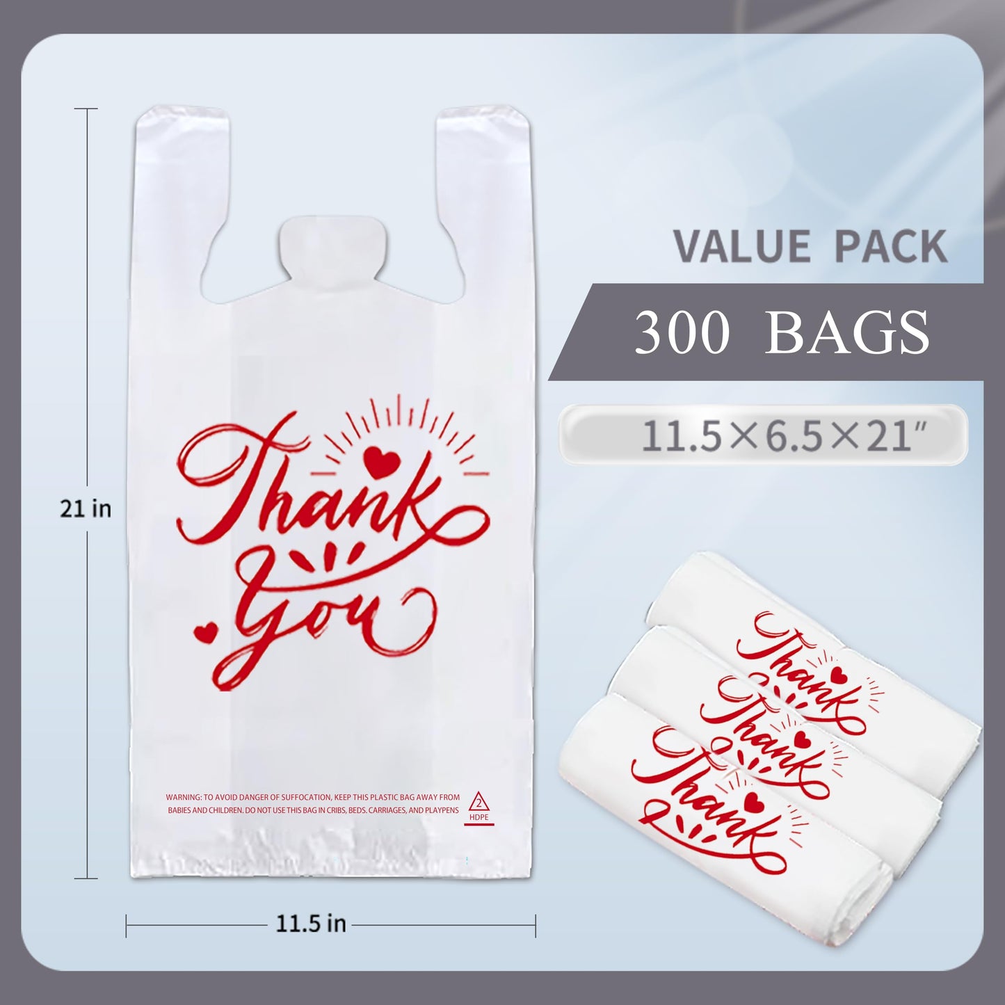 TGEONIX 300 Pack Upgraded White Thank You T-Shirt Bags - 11.5"x6.5"x21" Reusable Grocery Bags with Handles, Eco-Friendly Retail Packaging for Supermarket & Small Business