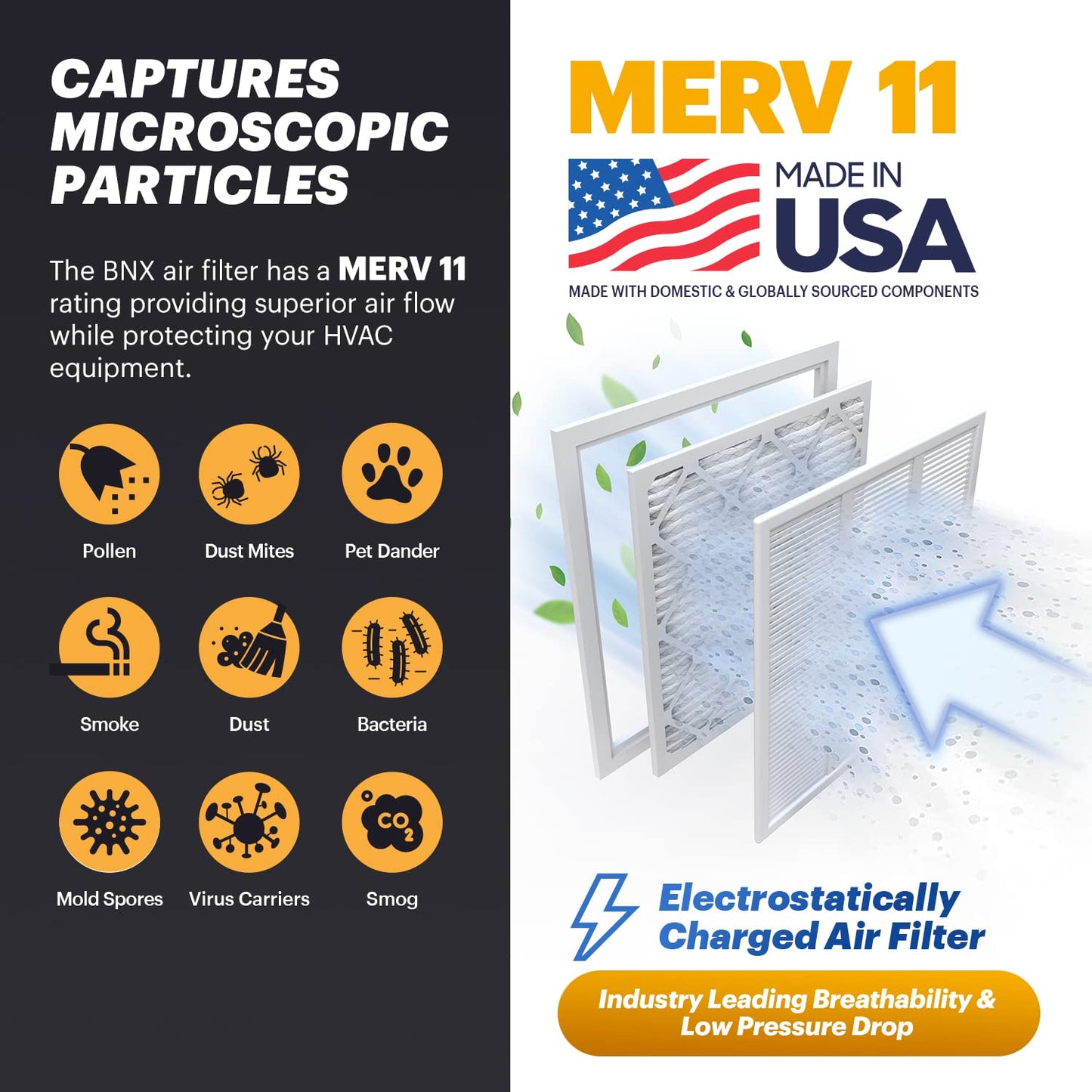 Bnx Trufilter 14X25X1 Air Filter Merv 11 (6-Pack) - Made In Usa - Allergen Defense Electrostatic Pleated Air Conditioner Hvac Ac