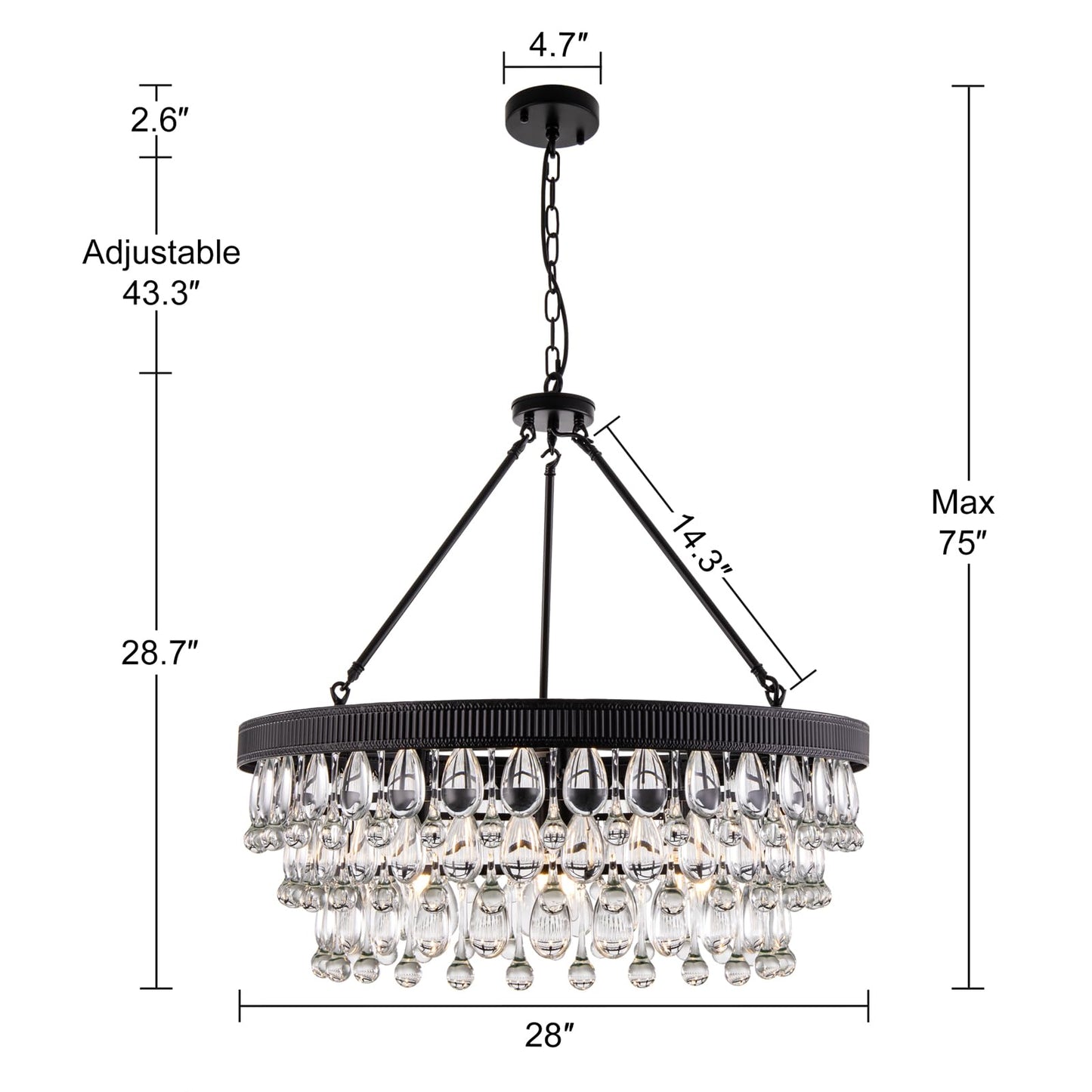 TOCHIC Crystal Chandeliers, 6-Light 3 Tiers Black Crystal Chandelier Light, Modern Farmhouse Luxury Light Fixture for Bedroom, Dining Room, Kitchen Island, Living Room, Entryway, 28"