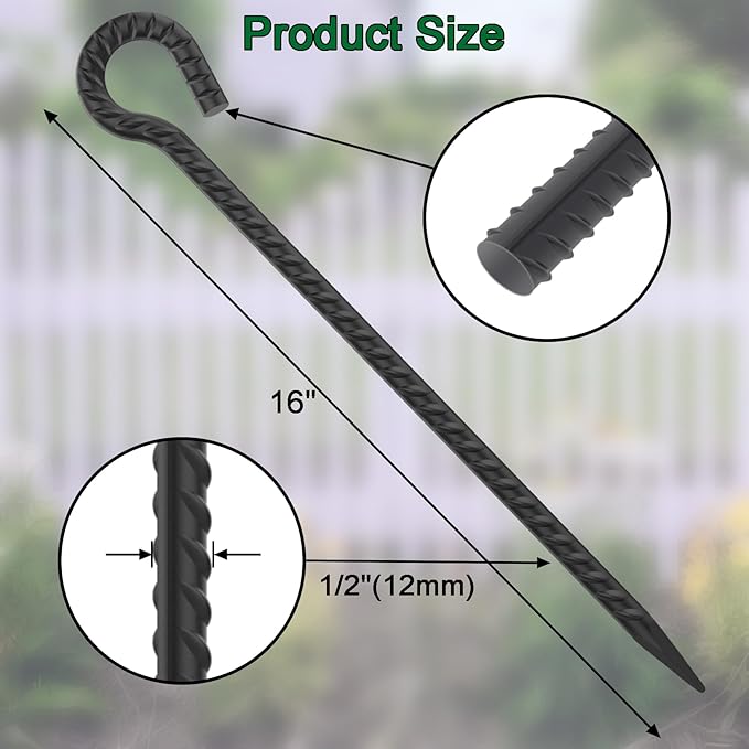 EUOKOK 16 Inch Rebar Ground Stakes with Loop 1/2 inch Diameter Steel Tent Stakes (12 pcs), Heavy Duty Tree Stakes and Supports, Dog Tie Out Stakes, Metal Spikes for Outdoor Camping and Yard, Black