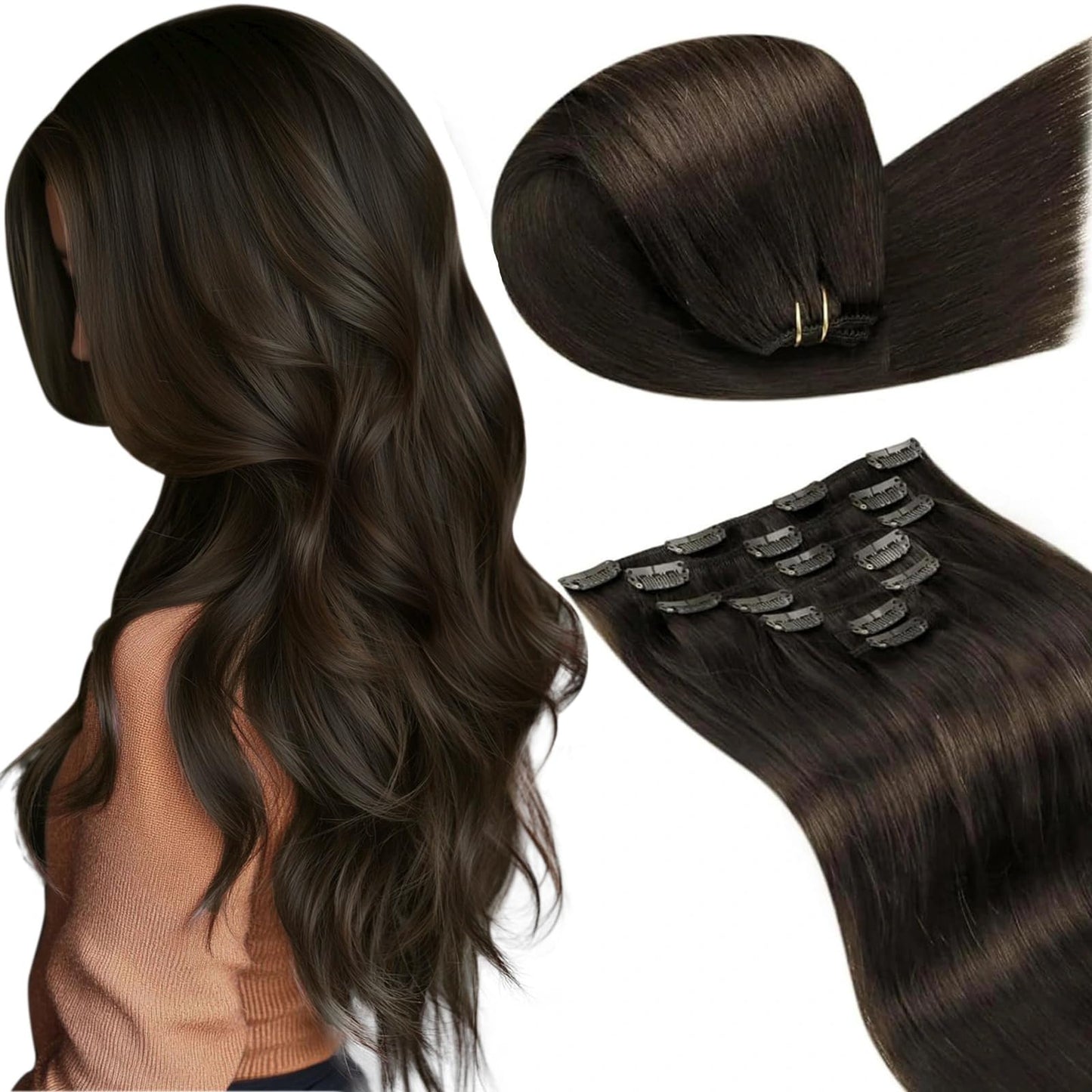 LaaVoo Clip in Hair Extensions Real Human Hair Brown Human Hair Clip in Extensions Darkest Brown Hair Extensions Clip ins Silky