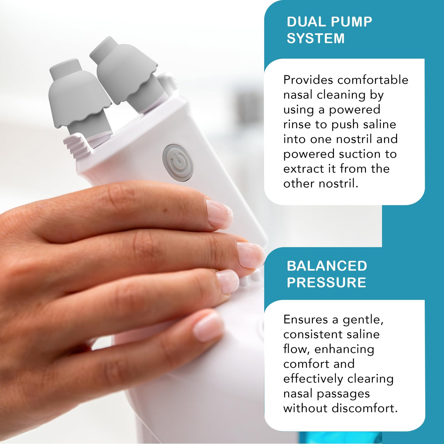 NASALFRESH MD - Dual Powered Nasal Irrigation System Nasal Rinse and Wash - Sinus Decongestant Relief System w/ 30 Saline Packets - Rechargeable - 2 Sets of Nose Pillows - Snoring Remedy
