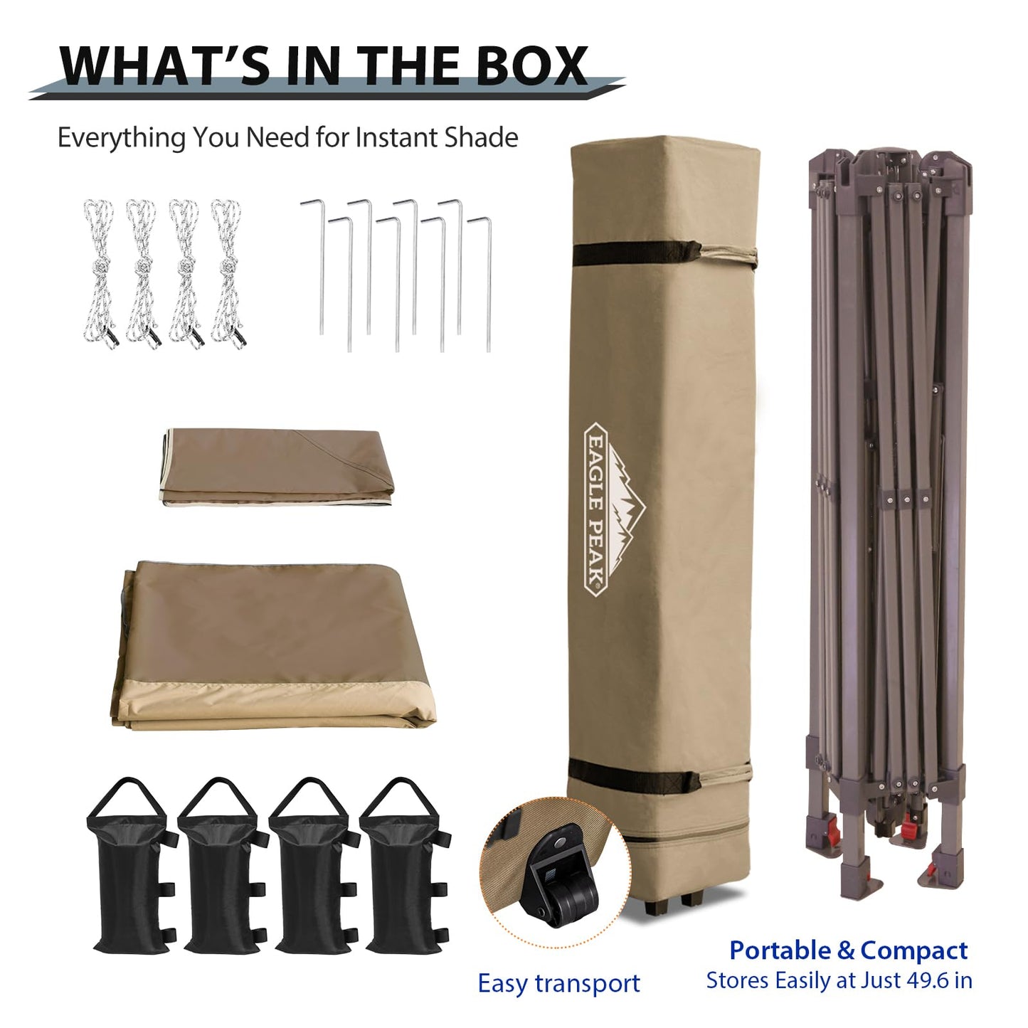 EAGLE PEAK 13x13 Straight Leg Pop Up Canopy Tent Instant Outdoor Canopy Easy Single Person Set up Folding Shelter w/Auto Extending Eaves 169 Square Feet of Shade (Beige)