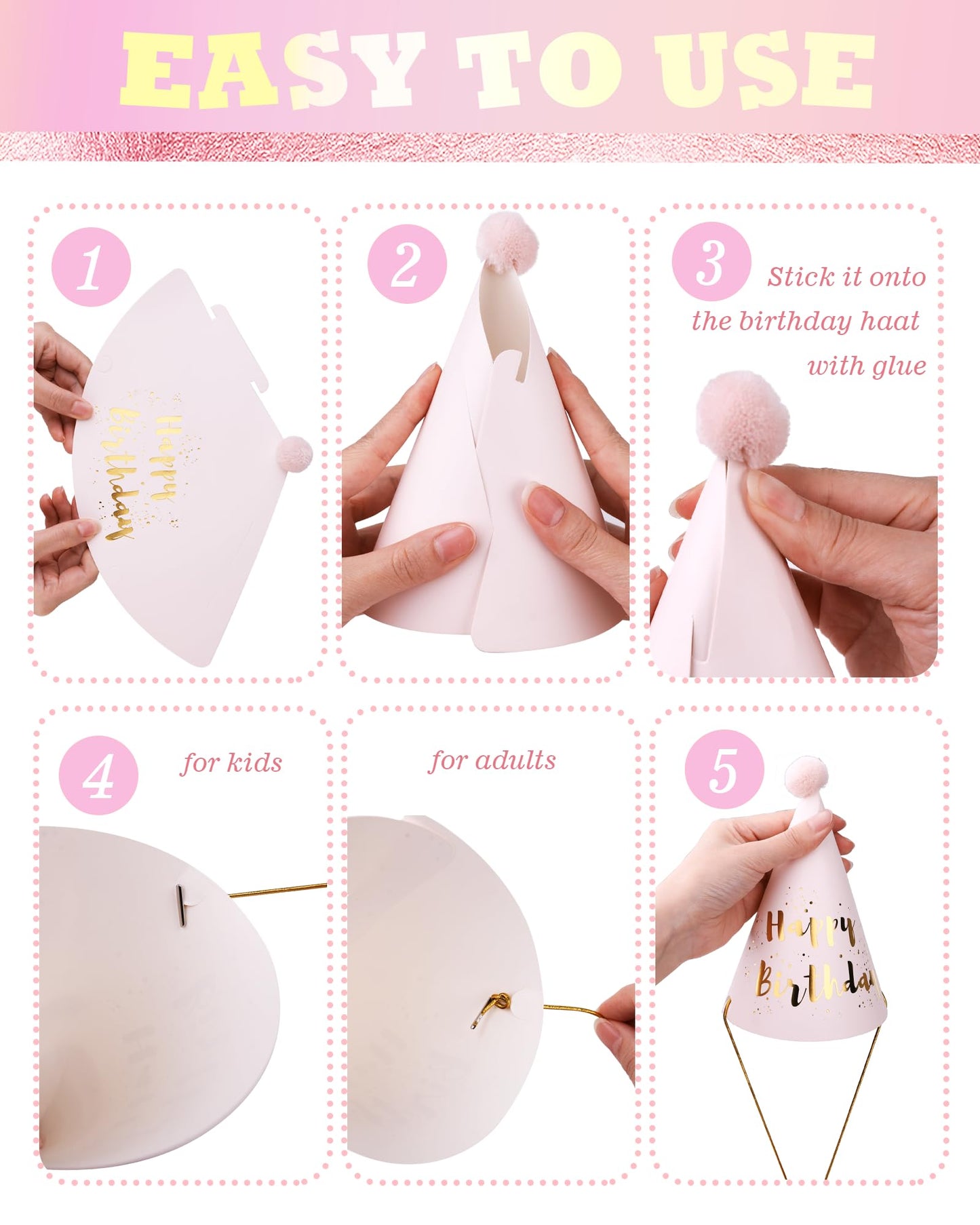 JOYEONDEF 56 Pcs Pink and Gold Birthday Party Hats Gold Cone Hats Includes 24 Birthday Paper Hats and 32 Noise Makers for adults kids women